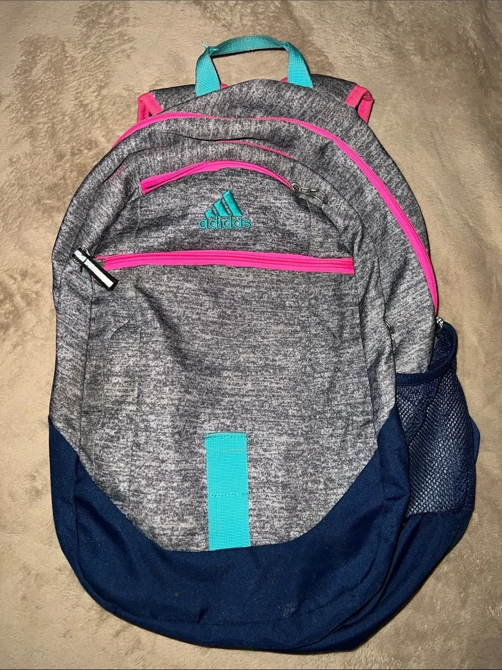 Adidas Gray School Backpack with Pink Zippers & Teal & Blue Accents